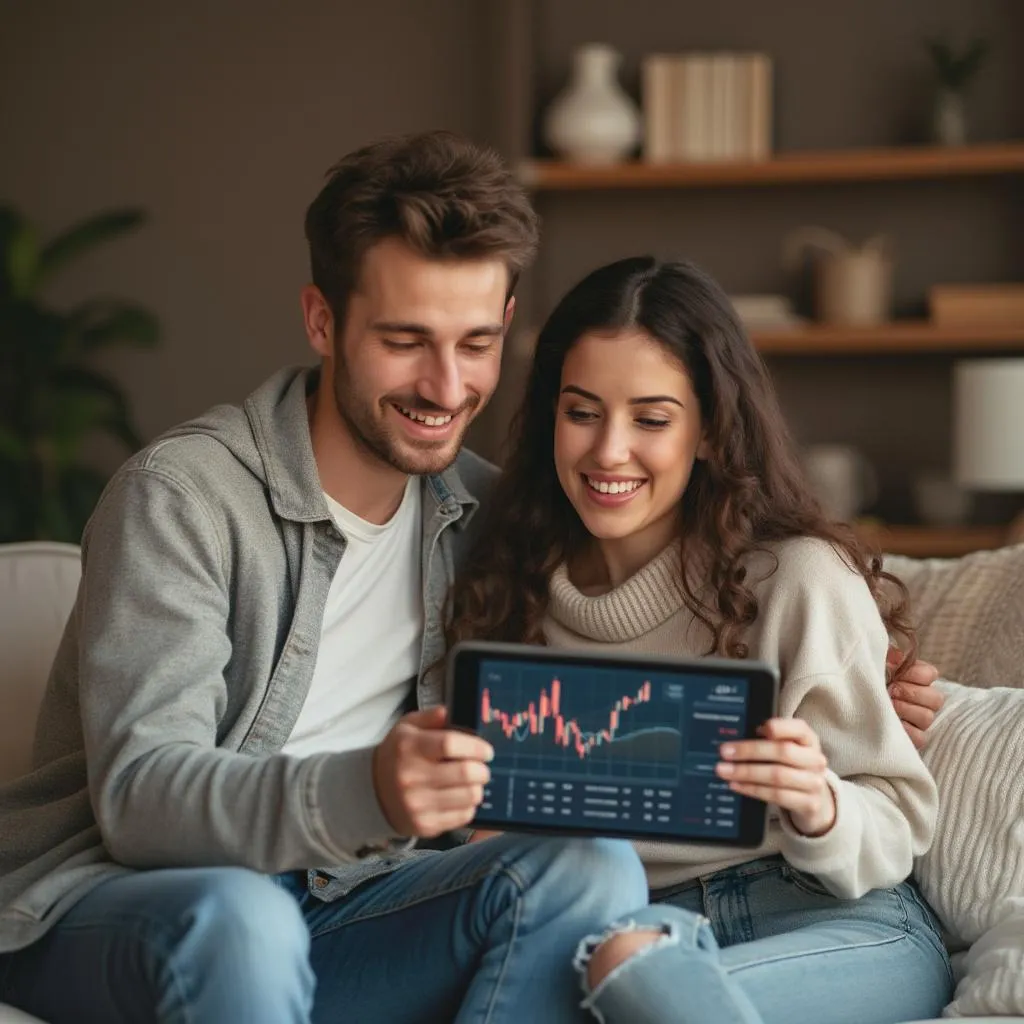 Couple souriant planifiant ses finances
